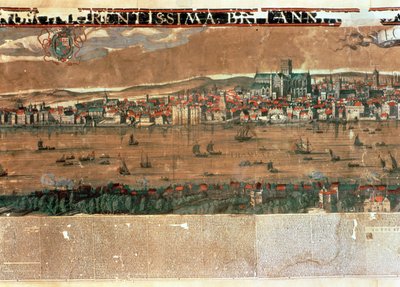 Vista de Londres con los teatros Swan, Rose y Globe y la Catedral de San Pablo, después de la remoción de la aguja por Inigo Jones de Cornelis Visscher